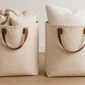 12 Large Canvas Storage Bags with Leather Handles for Blankets and Pillows