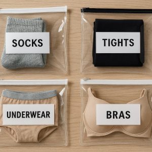 16 Clear Vinyl Zippered Storage Bags with Labels for Small Wardrobe Items